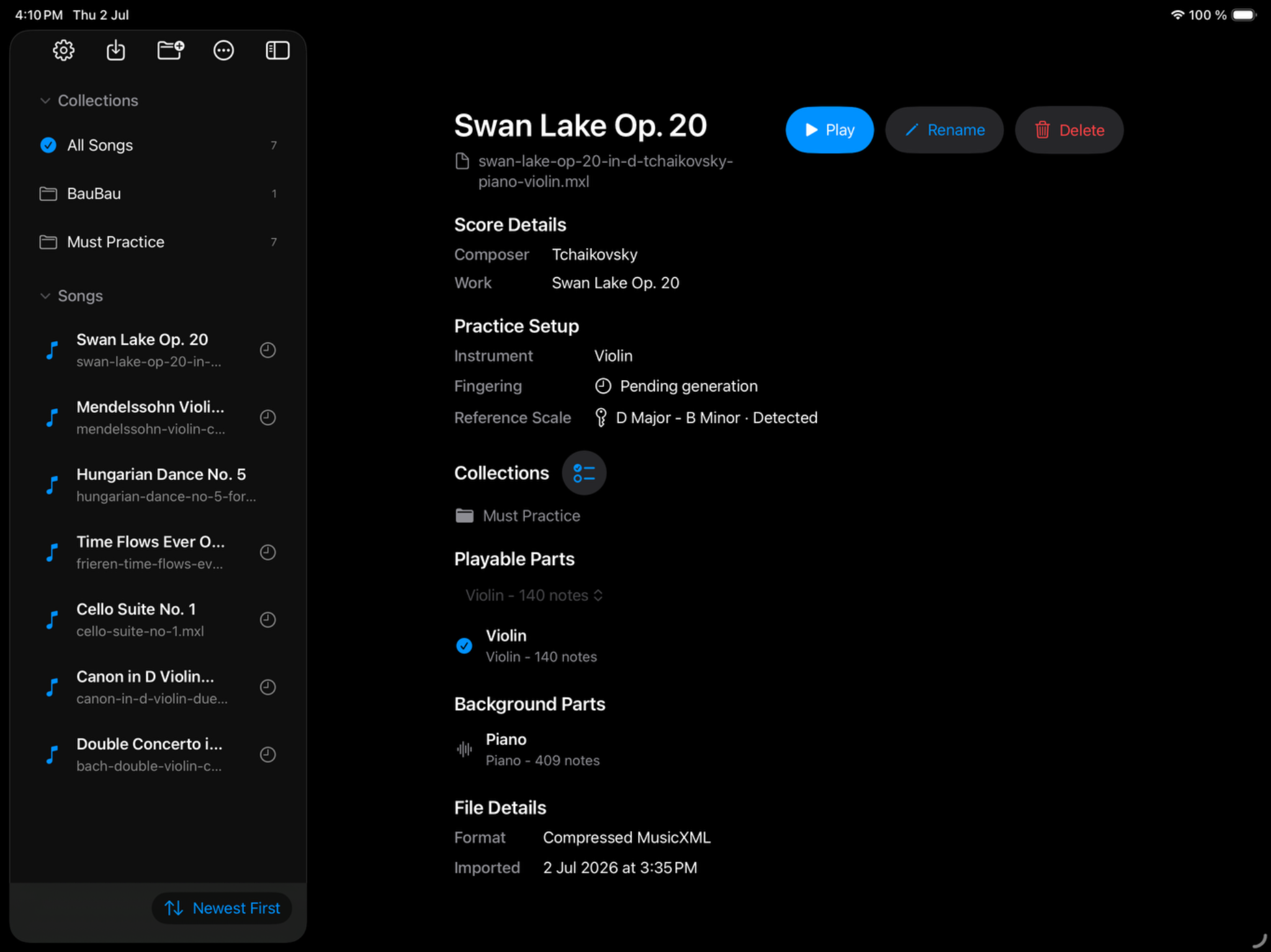 StringFlow library and score detail in dark appearance
